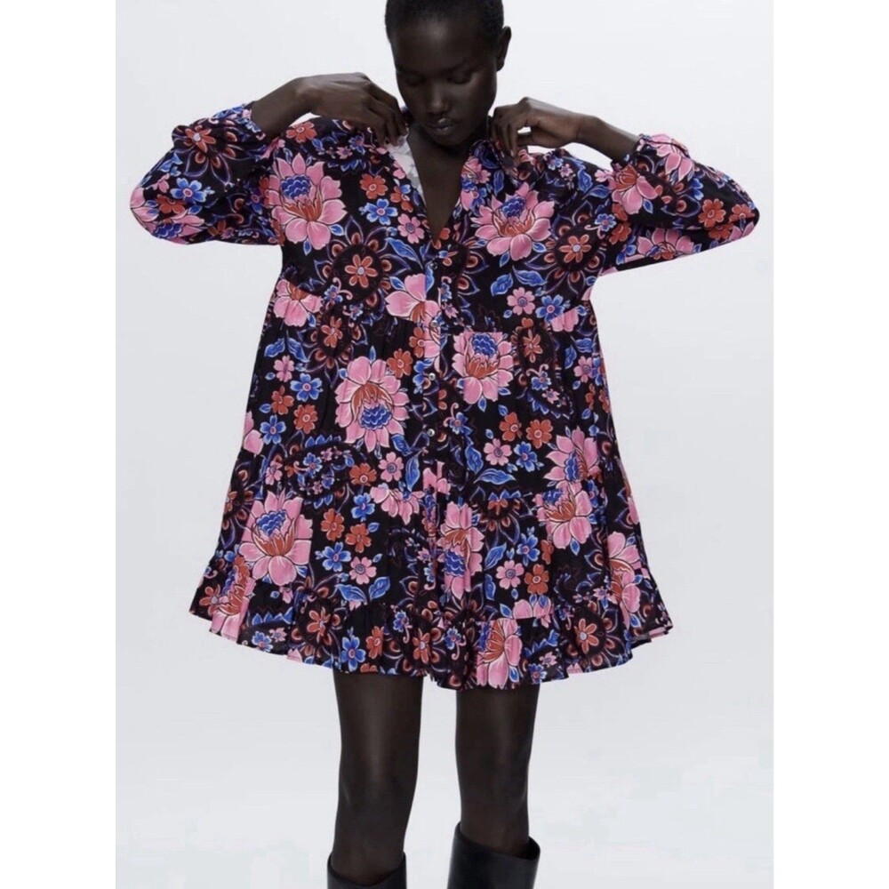 Zara Floral Babydoll Dress Women’s Medium Button Front Tiered Mini Pink Blue